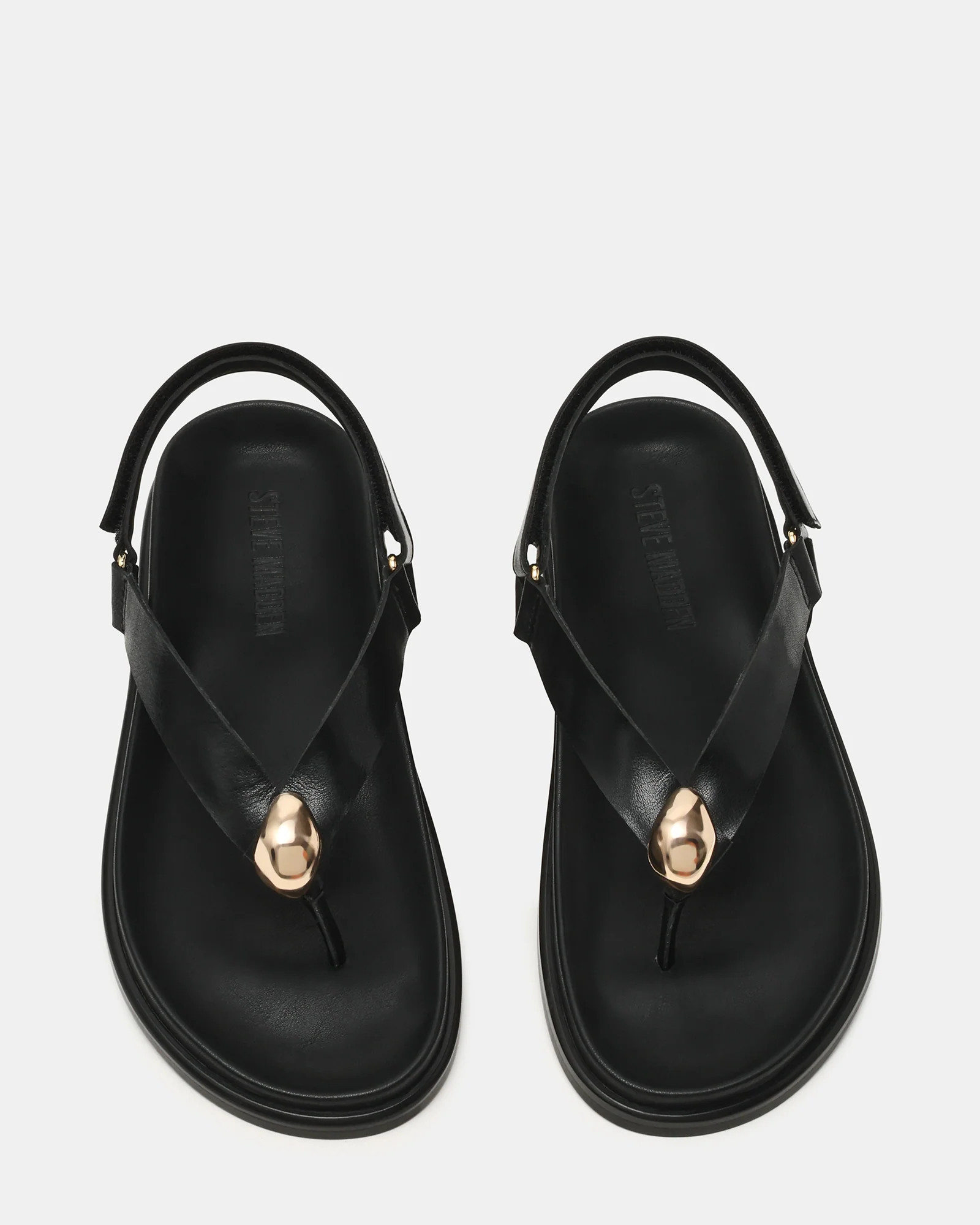 ELVIA Black Leather Thong Gold-Detail Slingback Footbed Women's Sandal | Steve Madden (US)