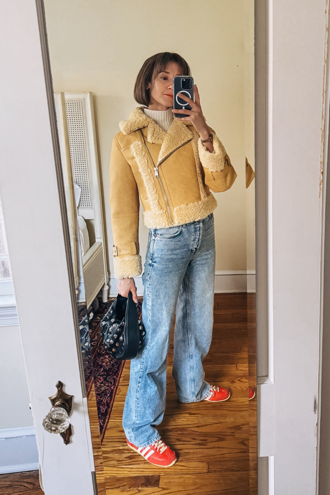 A cozy shearling jacket, wide leg jeans & retro sneakers for holiday errands!

#LTKSeasonal #LTKShoeCrush #LTKItBag