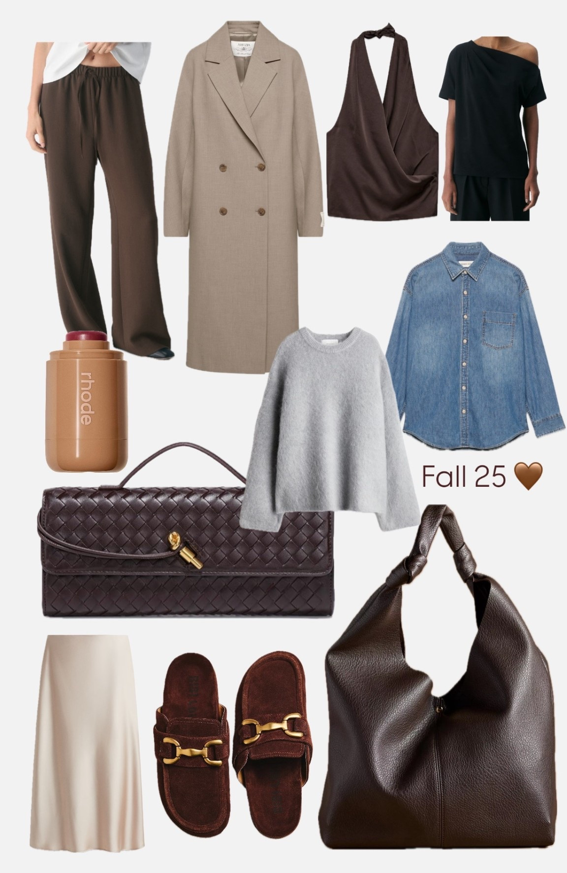 Fall 2025 wishlist 🤎 #fall2025 
#fallfashion #fallclothes #falloutfits #denimshirt #wovenbags #slouchybags #chocolatebrown #rhode #sephora #rhodesephora #aritzia #mules #slipskirt #silkskirt #haltertops #haileybieber #lodgepant #aritziafallhaul #aritziafall 

#LTKcanada #LTKstyletip