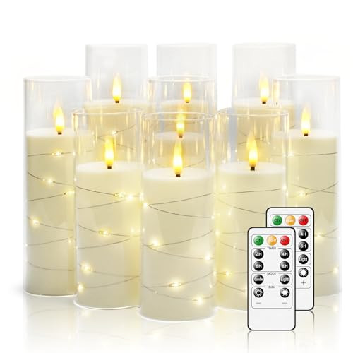Flickering Flameless LED Candles, 9 Pcs with Embedded Star String, Acrylic LED Pillar Candles wit... | Amazon (US)