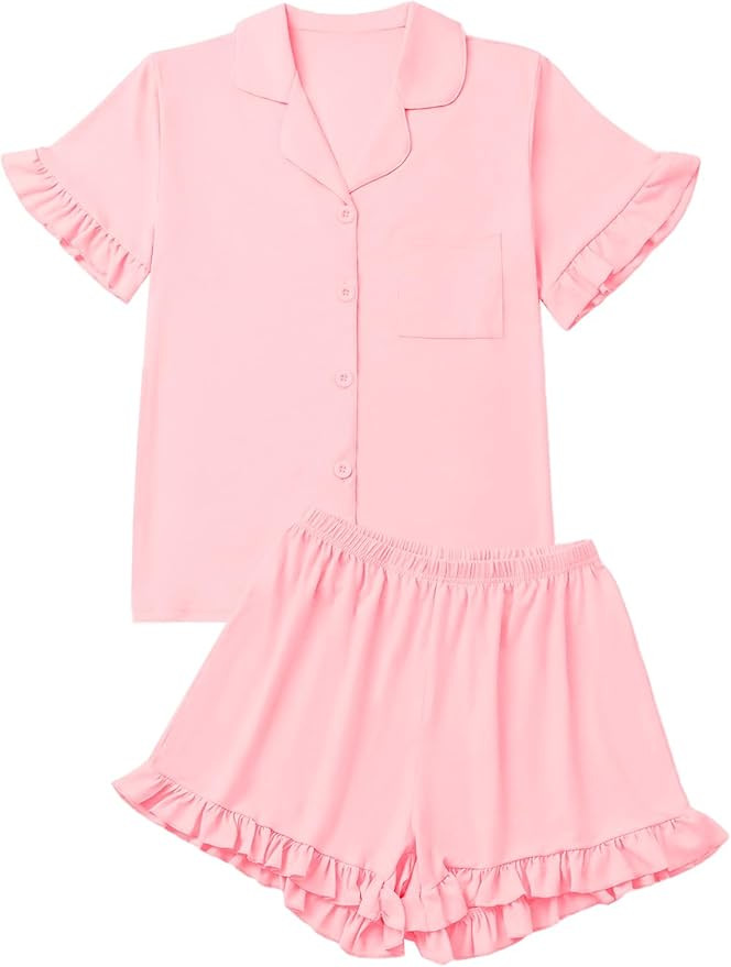 LYANER Women's Button Down V Neck Short Sleeve Ruffle Trim Top with Shorts Sleepwear Pajamas Set | Amazon (US)