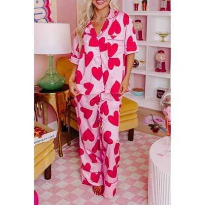 Pink Classic Heart Valentines Short Sleeve Pants Pajamas Set | SHEIN