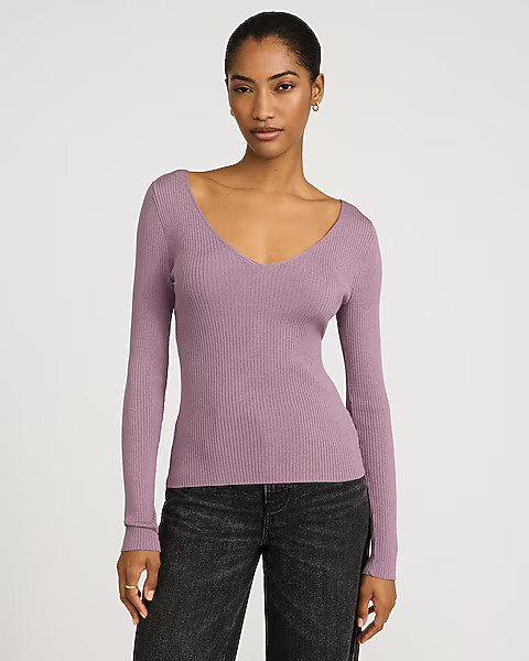 Silky Soft Fitted Ribbed Double V-Neck Sweater | Express