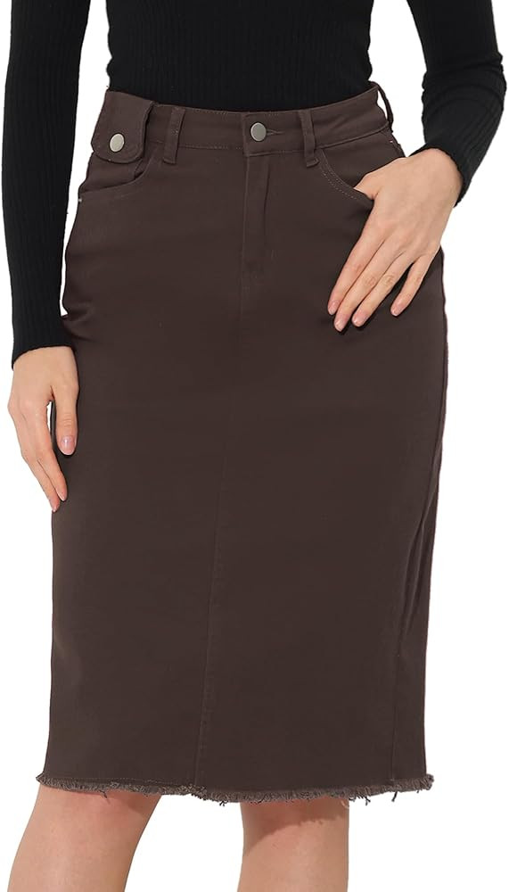 Allegra K Women's Casual Jean Skirt High Waist Back Slit Stretch Denim Skirts | Amazon (US)