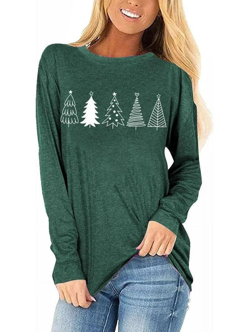 Womens Long Sleeve Merry Christmas T-Shirts Christmas Tree Bright Graphic Tee Tops (XL,Green) | Walmart (US)