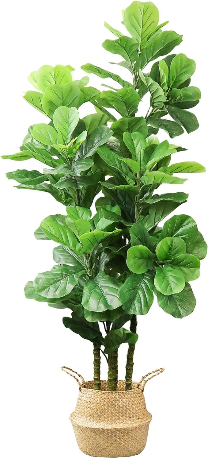 LOVMOR 6ft Artificial Fiddle Leaf Fig Tree with Woven Seagrass Plant Basket and Realistic Moss,Ar... | Amazon (US)