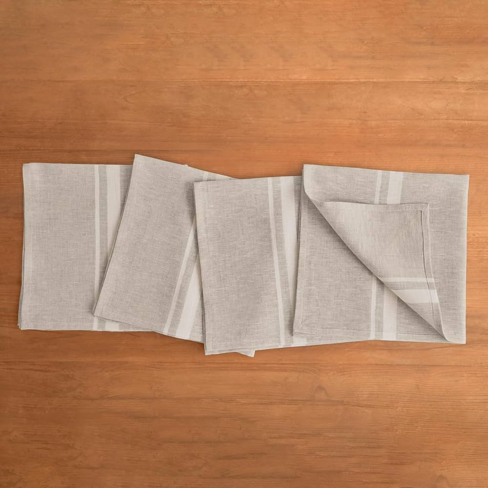 Solino Home French Stripe Linen Dinner Napkins – 100% Pure Linen White and Natural Napkins Set ... | Amazon (US)