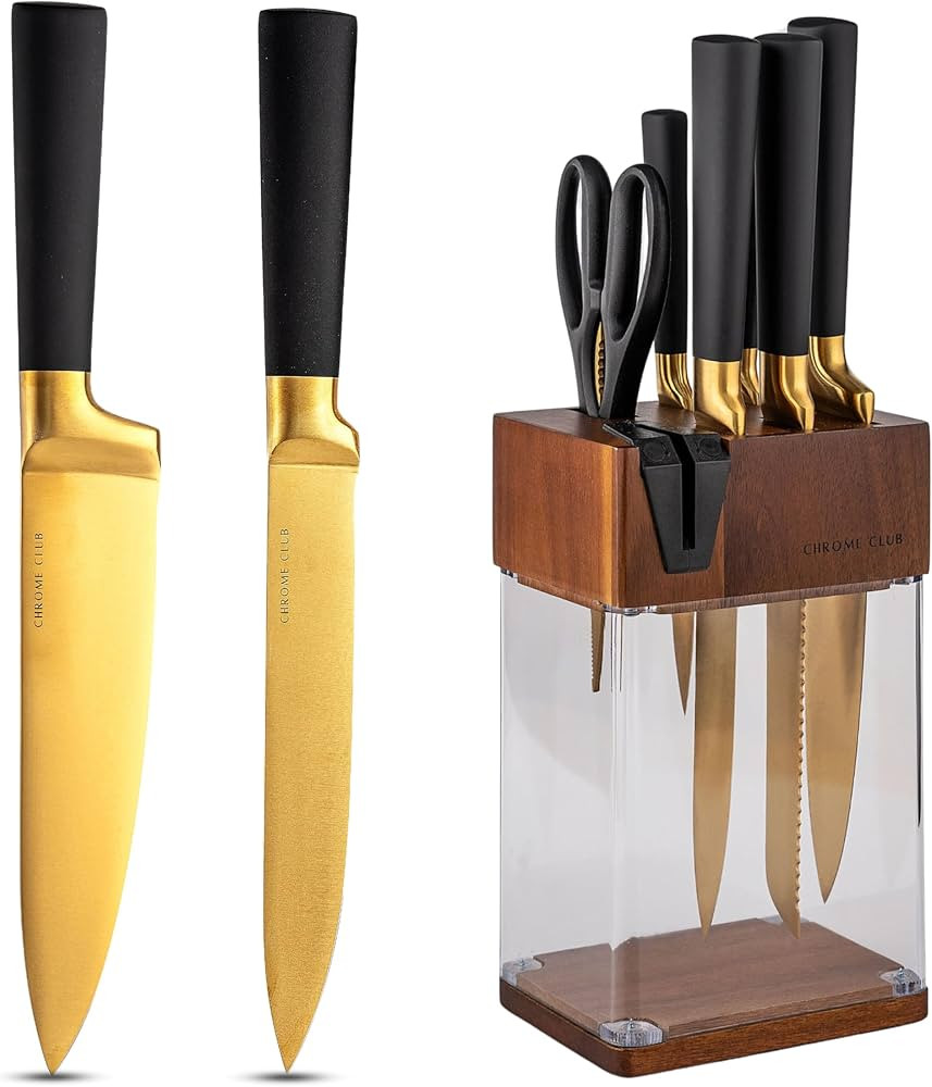 CHROME CLUB Stainless Steel Black and Gold Knife Set with Block - 7 Piece Gold Kitchen Knife Set ... | Amazon (US)