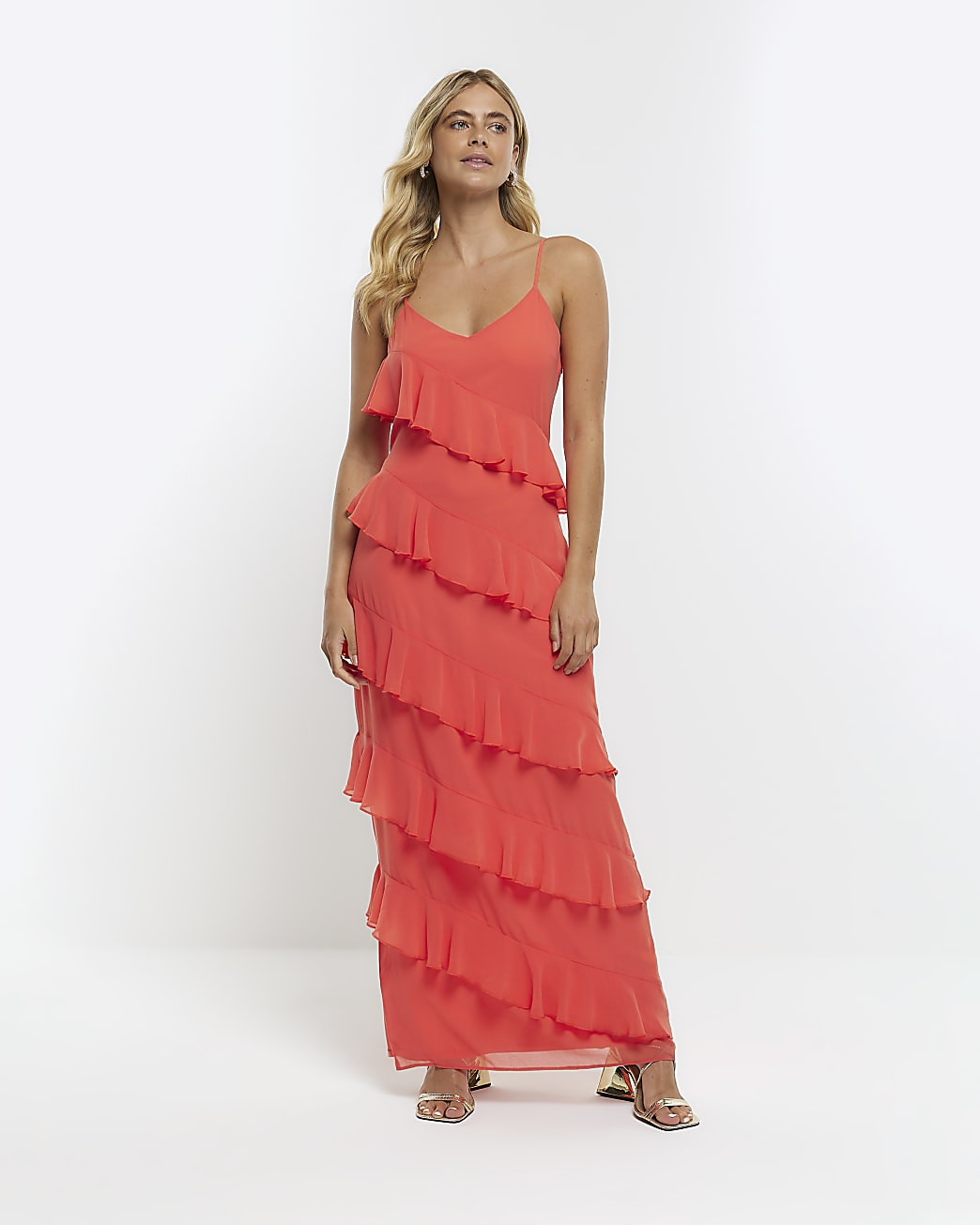Coral frill sleeveless maxi dress | River Island (UK & IE)