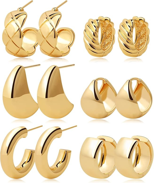 6 Pairs Gold Chunky Hoop Earrings Set for Women 14k Gold Plated Hypoallergenic Thick Open Huggie ... | Amazon (US)