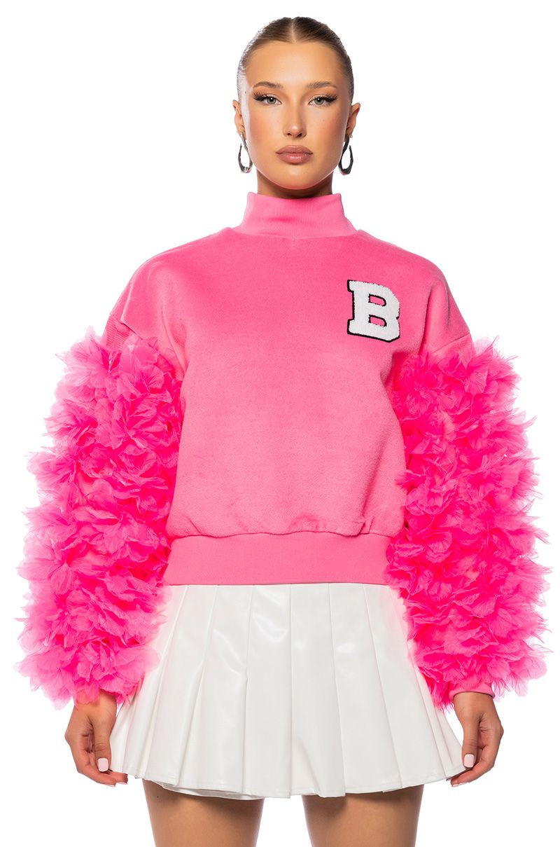 UPPER EAST SIDE PINK RUFFLE SLEEVE SWEATSHIRT | AKIRA