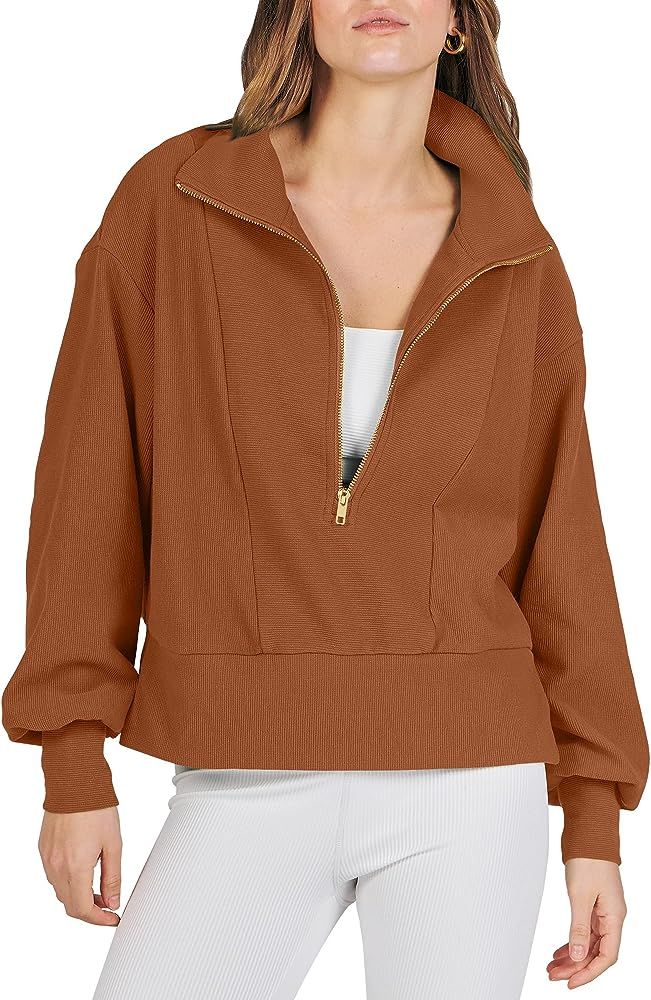 Women Half Zip Cropped Sweatshirt Casual Fleece Quarter Zip Up Rib Knit Pullover 2023 Fall Clothe... | Amazon (US)