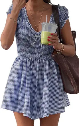Meiyi station Womens Summer Gingham Rompers V Neck Puff Sleeve Smocked Wide Leg Plaid Shorts Dres... | Amazon (US)