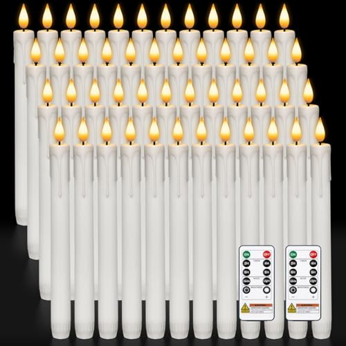 Homemory 48 Pcs Plastic Flameless Taper Candles with Remote Timer Dimmer, Taper Candles Battery Operated with Flickering Light, White Led Candlesticks for Wedding Party Holiday Decoration 9.6 Inches | Amazon (US)