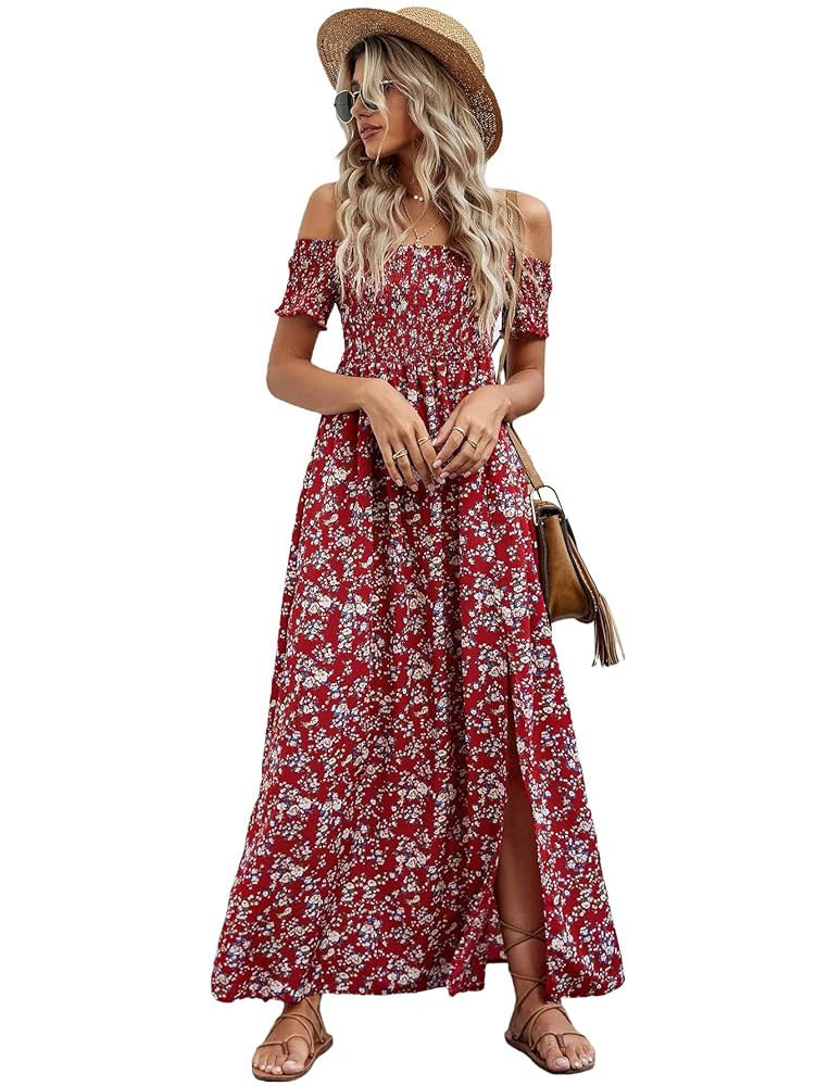 Floerns Women's Boho Floral Print Off Shoulder Split Long A Line Dress | Amazon (US)
