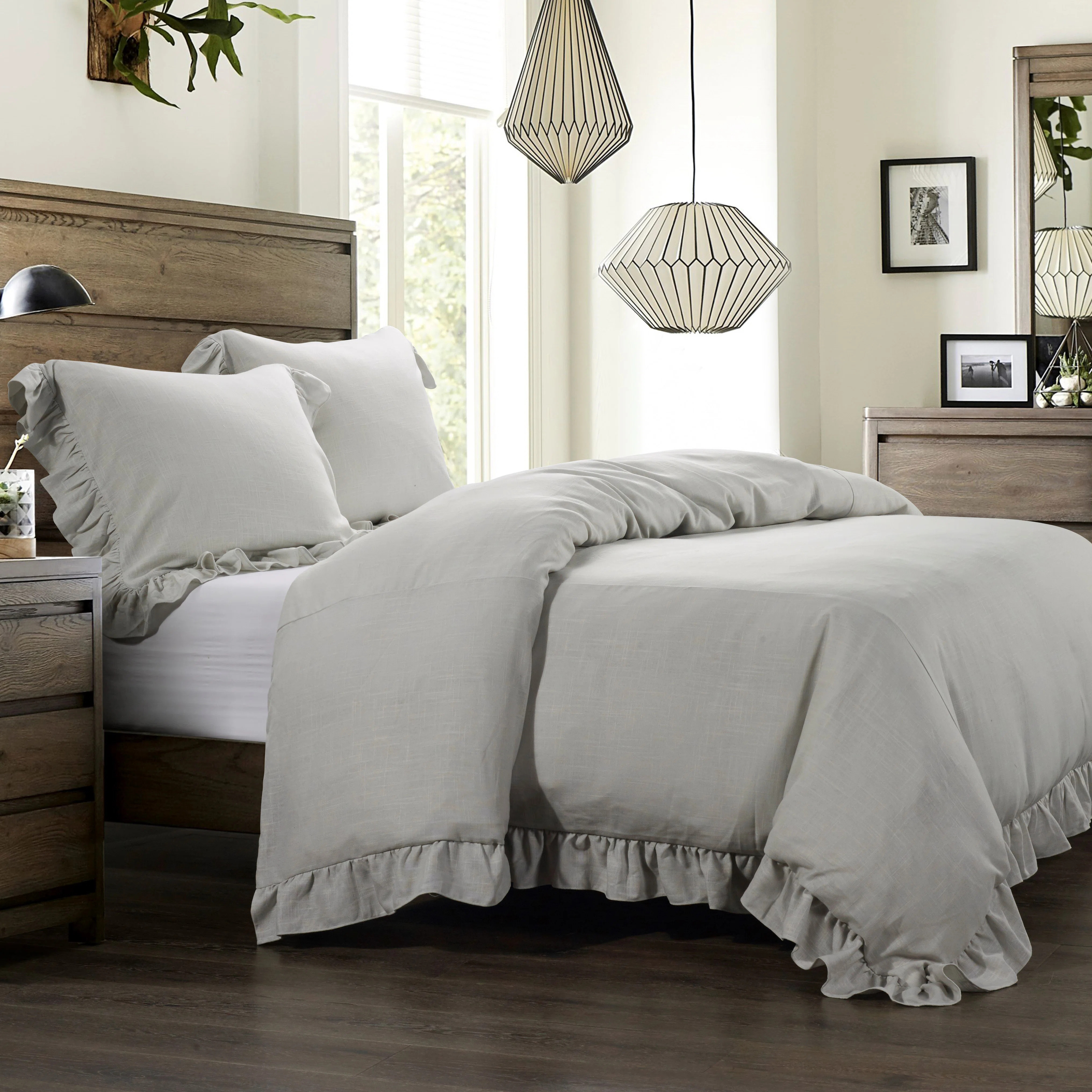 Lily Washed Linen Ruffled Edge Romantic Farmhouse 3 Piece Duvet Cover Set | Wayfair North America