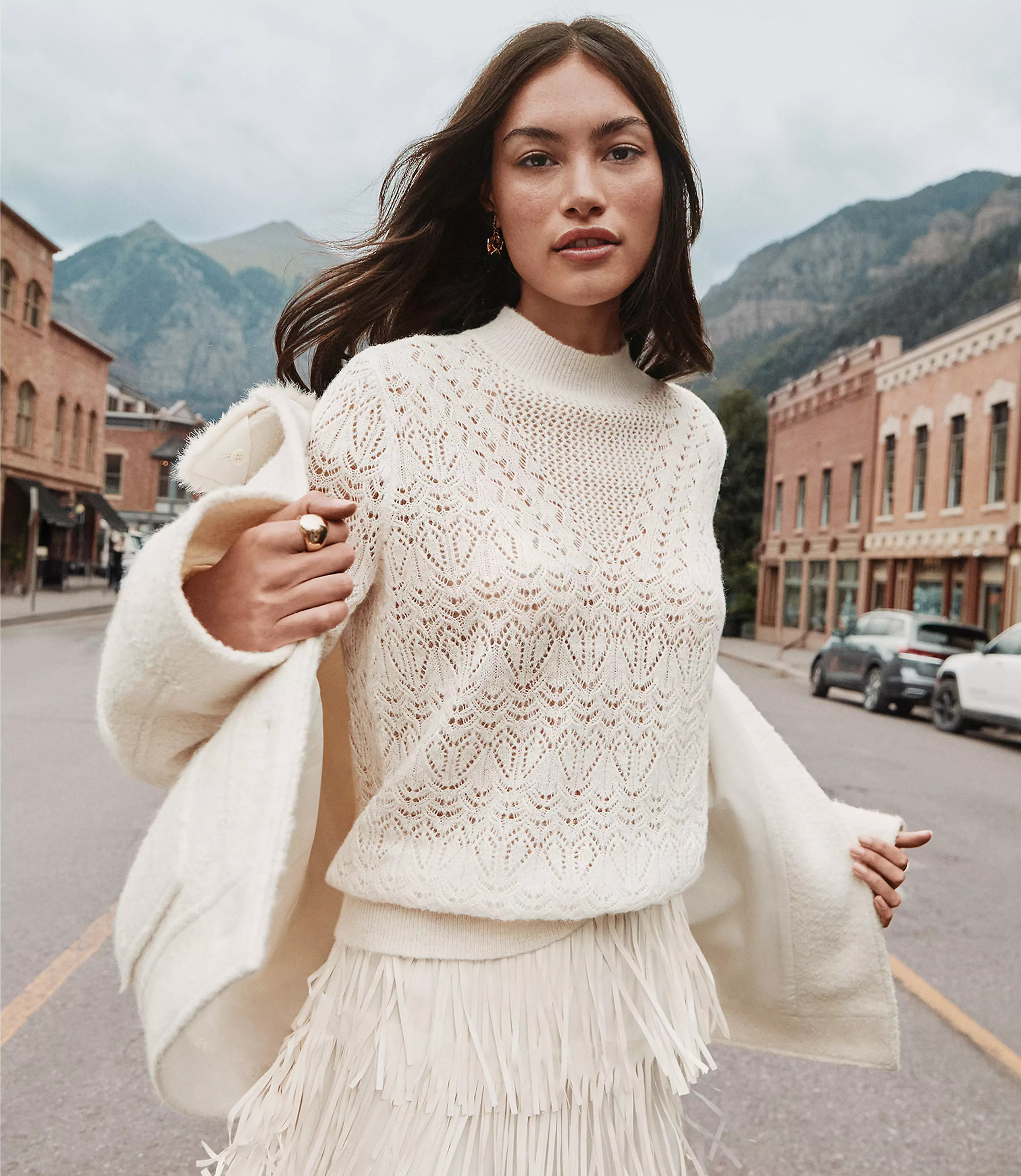 Pointelle Yoke Mock Neck Sweater | LOFT