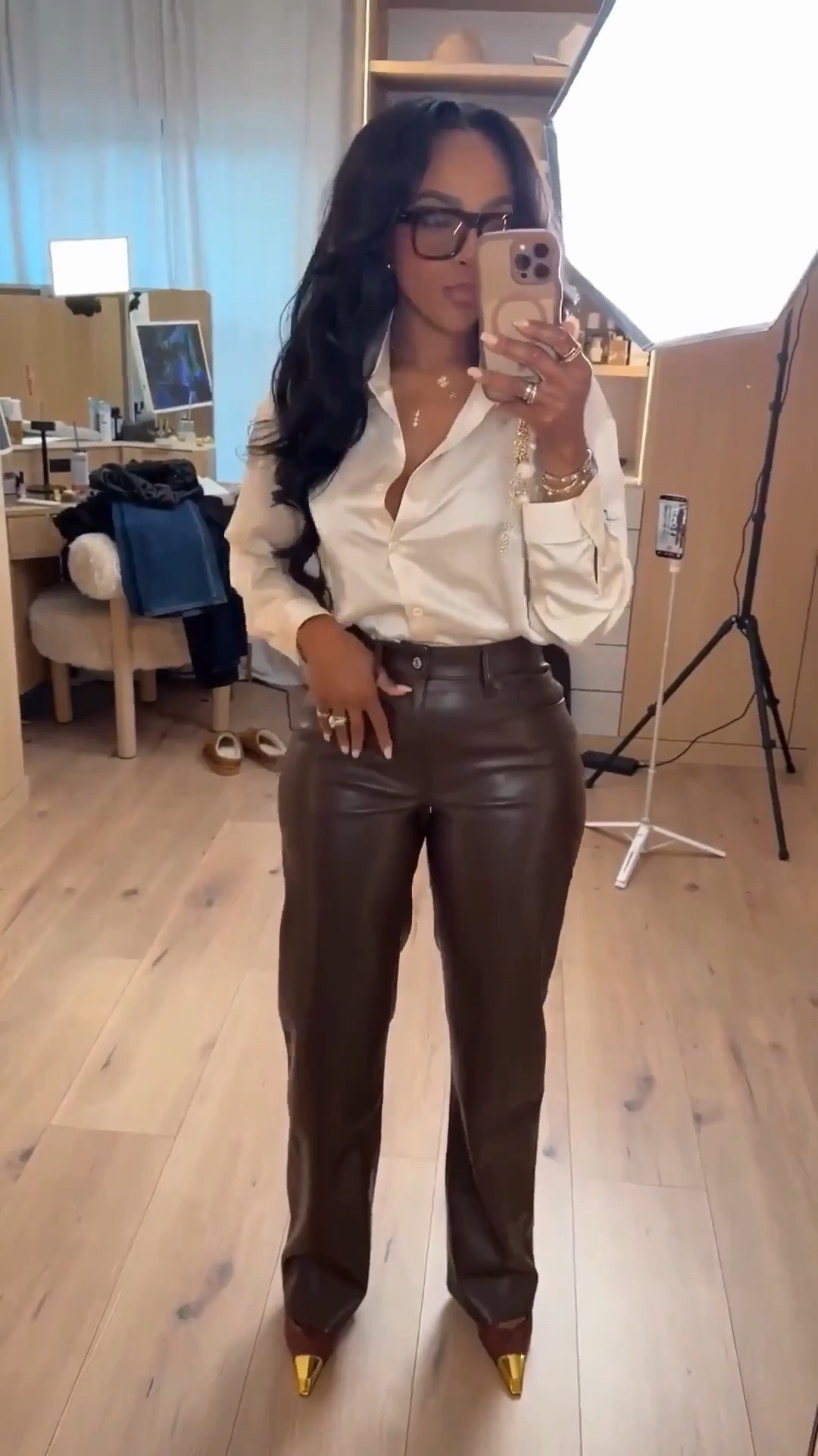 Scroll to shop! 🤎 A polished blouse and leather pants combo perfect for work or dinner plans.  

#LTKootd #LTKPetite #LTKmomlife