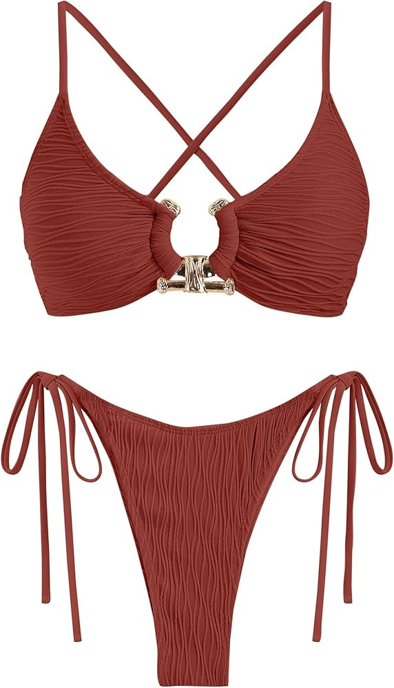 ZAFUL Women's Bikini Sets Ribbed Metal O Ring Criss Cross Two Piece Swimsuit Cheeky High Cut Side... | Amazon (US)