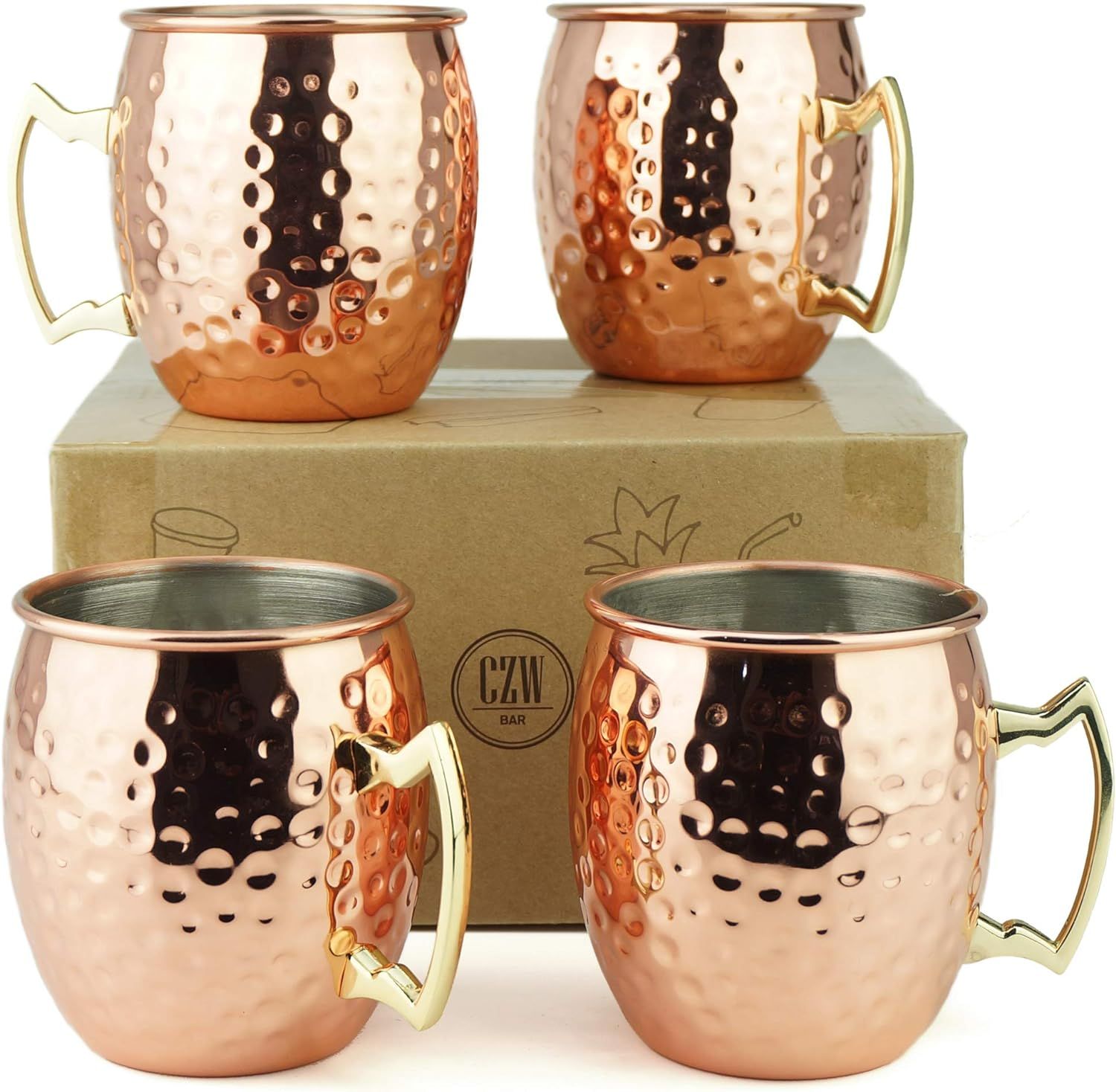 PG Copper Moscow Mule Mugs | Large Size 19.5 ounces | Set of 4 Hammered Cups | Stainless Steel Li... | Amazon (US)