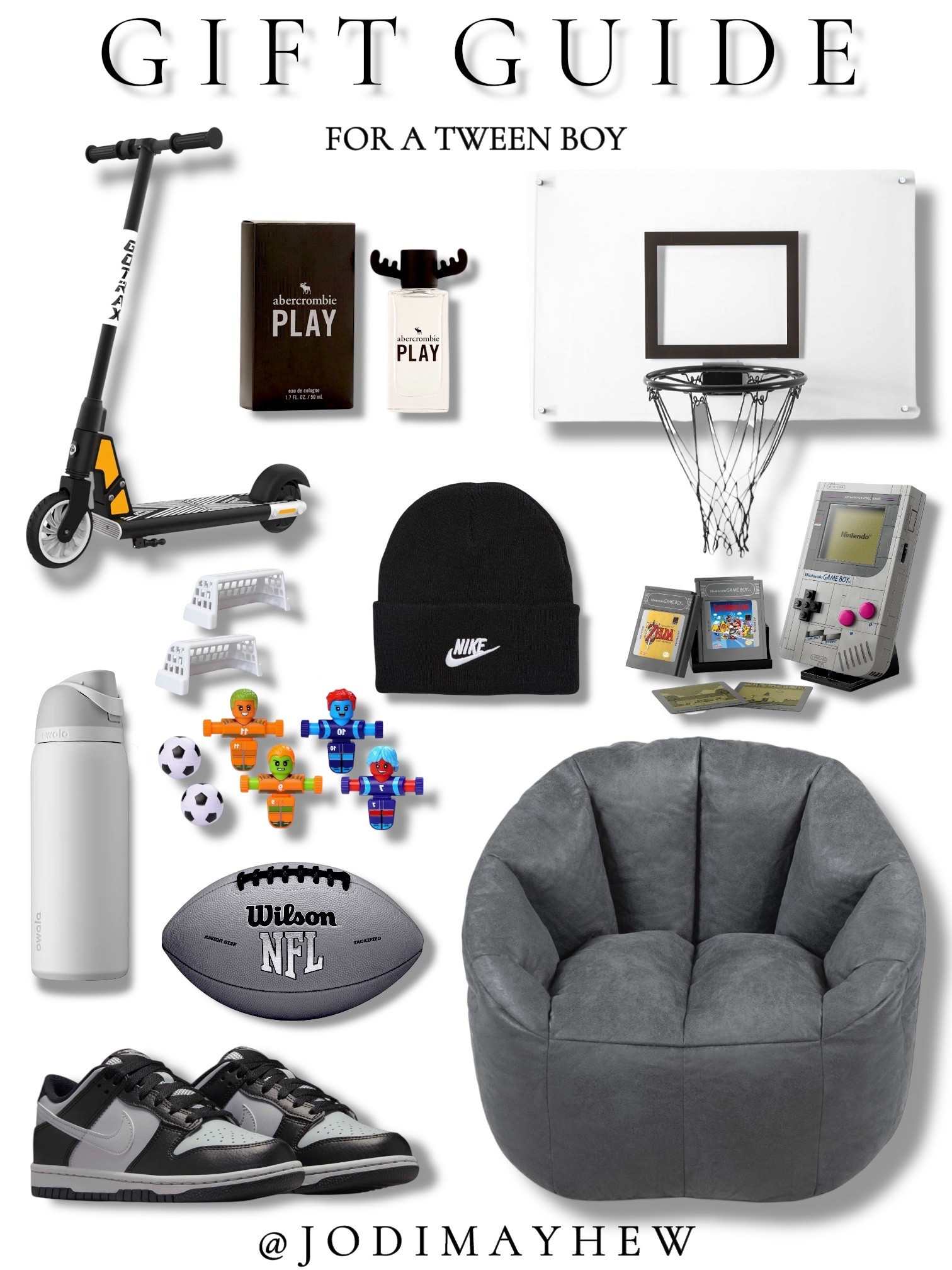 Gift Guide: For a Tween Boy

#tween #boy #gift #guide #ideas #inspo #christmas #presents #stocking #stuffers #boys #pre #teen #him #owala #electric #scooter #bean #bag #football #nike #jordans #sneakers #shoes #wall #acrylic #basketball #hoop #legos #cologne #kids #fidgets #foosball  #handheld #beanie #holiday 

#LTKKids #LTKGiftGuide #LTKHoliday