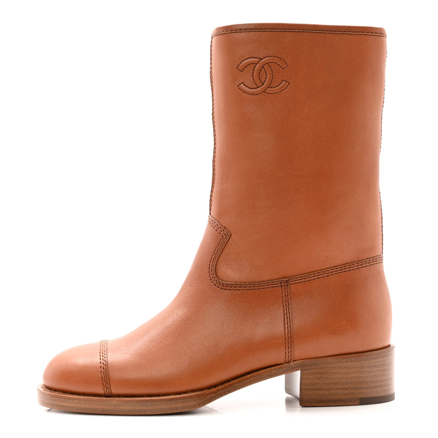 Calfskin CC Logo Mid Calf Boots 37 Caramel | FASHIONPHILE (US)