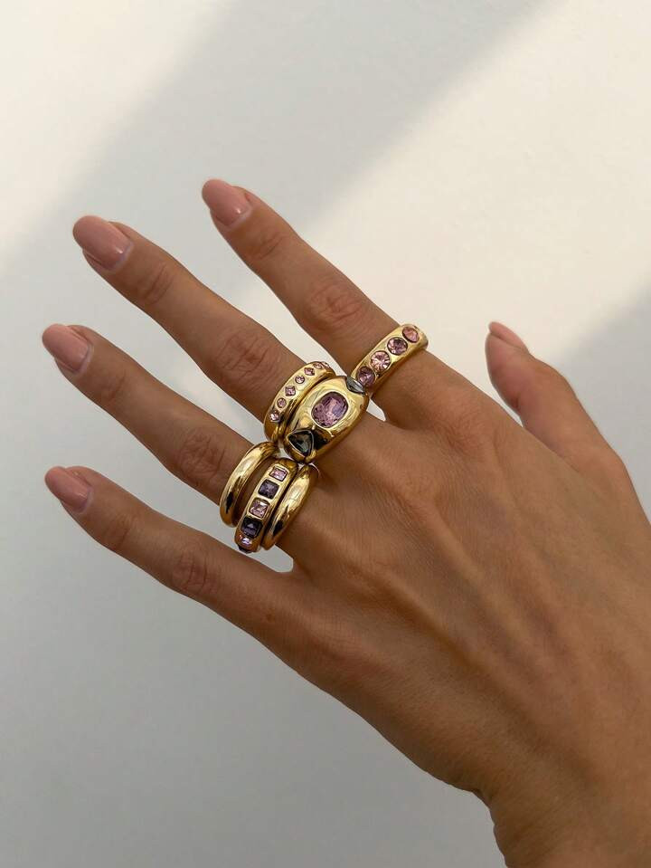 6pcs Vintage Minimalist Luxury Rhinestone Rings Set, Metal Gold Open Finger Rings, Fashion Access... | SHEIN