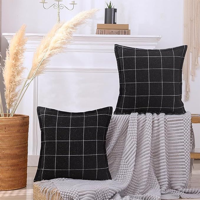 CARRIE HOME Black and White Plaid Boho Throw Pillow Covers 18x18 Set of 2, Modern Farmhouse Buffa... | Amazon (US)