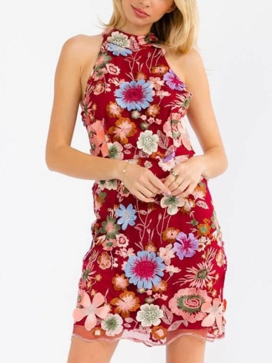 RACER TOP FITTED BURGUNDY MINI DRESS WITH 3D MULTI-COLORED FLORAL DETAILS | Poshmark