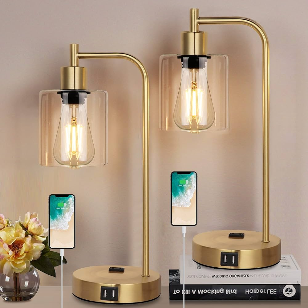 QiMH Set of 2 Industrial Touch Control Table Lamps with 2 USB Ports and 2 AC Outlets, 3-Way Dimm... | Amazon (US)