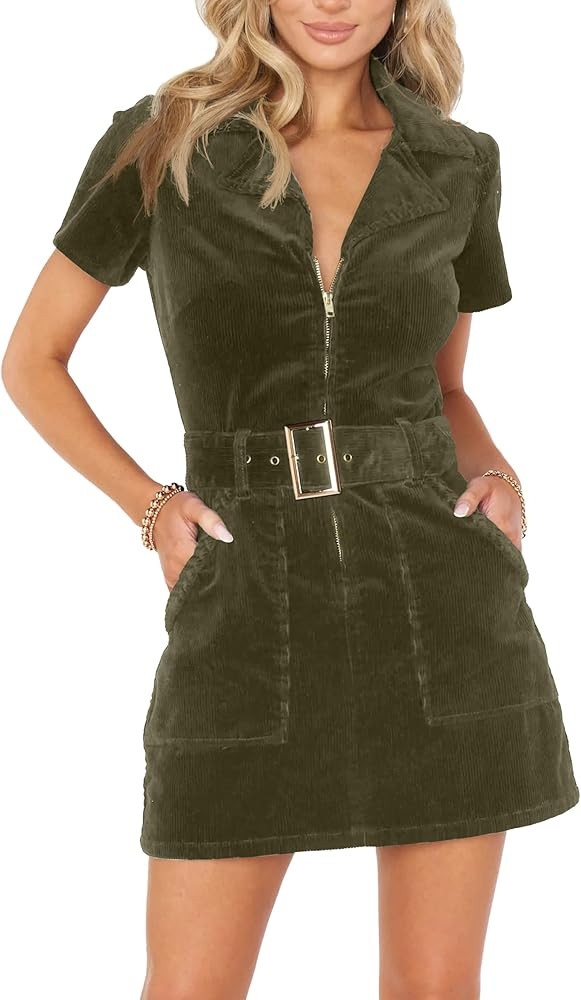 Women's Corduroy Mini Dress Short Sleeve Lapel Zip Up Belted Cowgirl Dresses with Pockets | Amazon (CA)