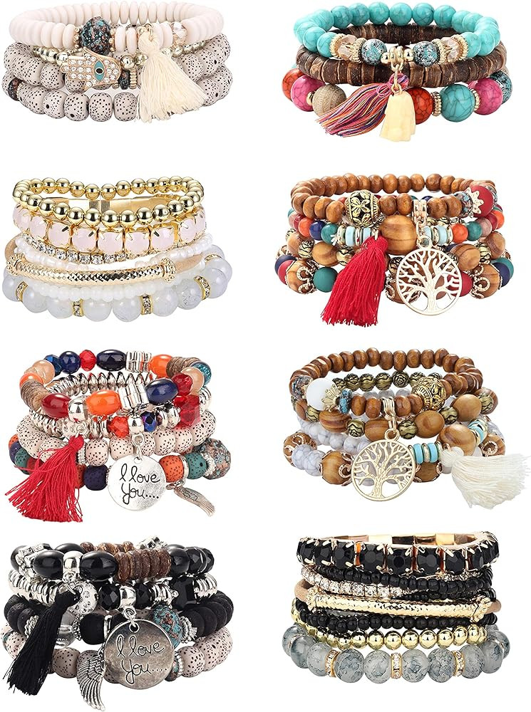 LOYALLOOK 8 Sets Bohemian Stackable Bead Bracelets for Women Stretch Multilayered Boho Stackable ... | Amazon (US)