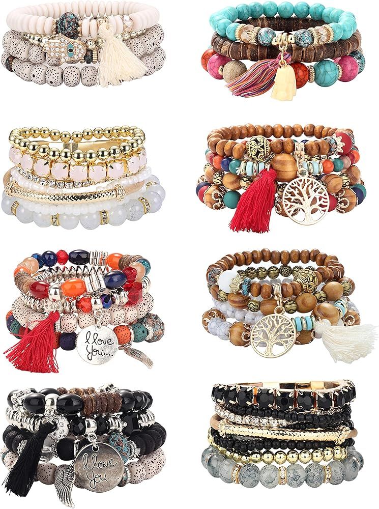 LOYALLOOK 8 Sets Bohemian Stackable Bead Bracelets for Women Stretch Multilayered Boho Stackable ... | Amazon (US)