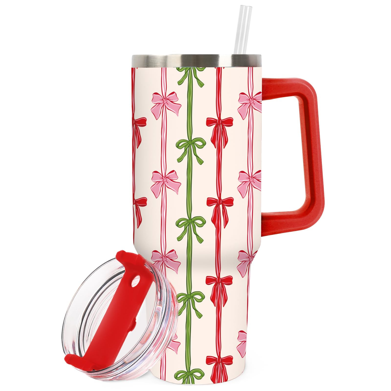 Christmas Tumbler with Handle 40oz Pink Red Green Bow Tumbler with Lid Straw Bowknot Stainless St... | Amazon (US)