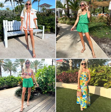 Vacation Outfits from Day 1 in the Bahamas! Matching set is lightweight and breathable. Shorts have adjustable drawstring and pockets. Crochet green coverup tank is cropped, shorts are sold separately. Tropical print dress is lined, zipper closure and ruched detailing on the bust. 

#LTKFindsUnder50 #LTKStyleTip