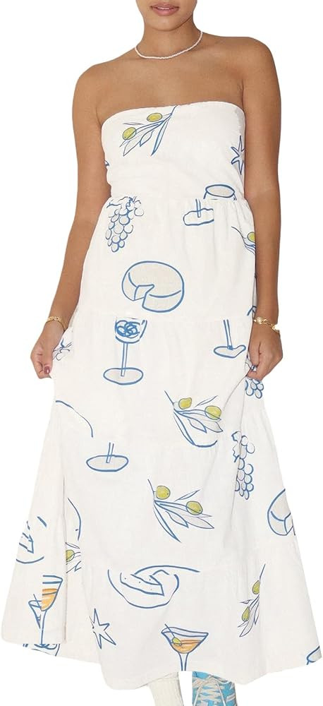 Women's Cute Graphs Prints Strapless Tube Top Maxi Dress Flowy A-Line Long Dress Streetwear | Amazon (US)
