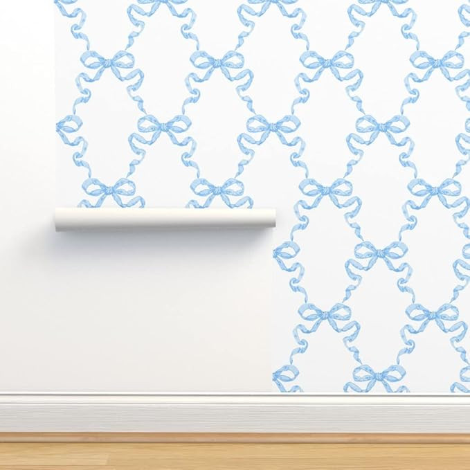 Peel & Stick Wallpaper 9ft x 2ft - Baby Blue Nursery Trellis White Blue Traditional Bow Custom Re... | Amazon (US)