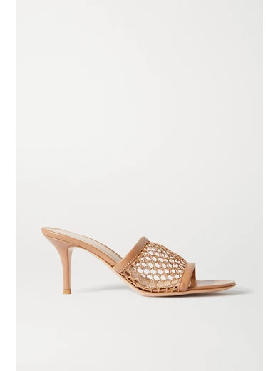 Gianvito Rossi - 70 Leather-trimmed Fishnet Mules - Beige | NET-A-PORTER (US)