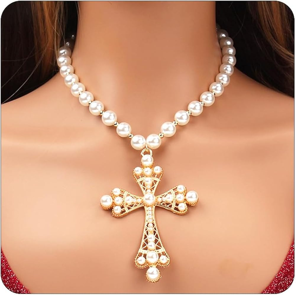 Gothic Cross Pearl Pendant Necklace for Women Exaggerated Delicate Gold Round Bead Cross Choker A... | Amazon (US)