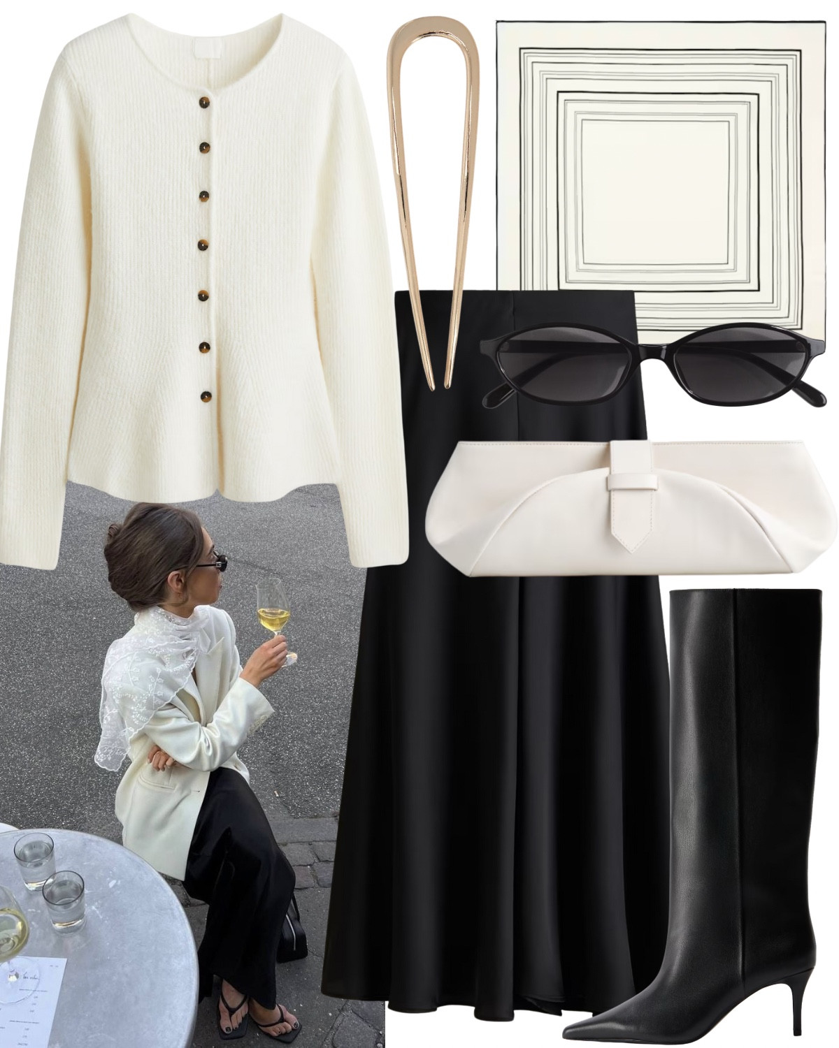 A ladylike and sophisticated outfit!

Peplum cardigan, black midi skirt, knee high boots, gold French hair pin, silk scarf, oval sunglasses, white clutch bag. 

#LTKautumn #LTKstyletip #LTKuk