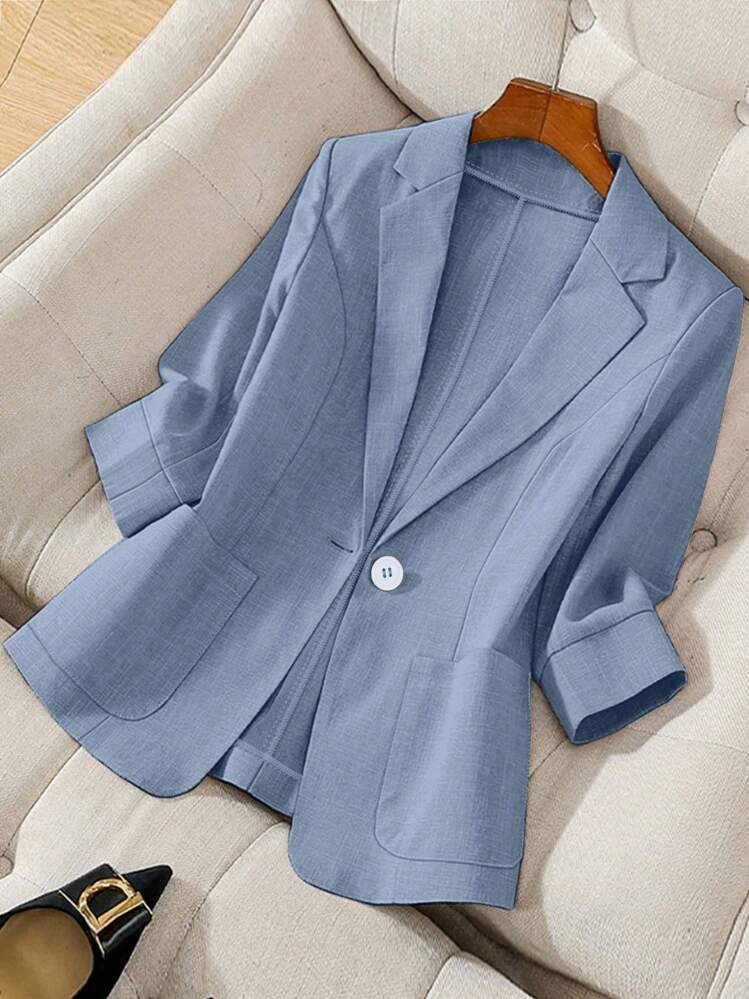 Franclia Solid Color Notched Collar Single-Breasted Pocket Minimalist Blazer | SHEIN