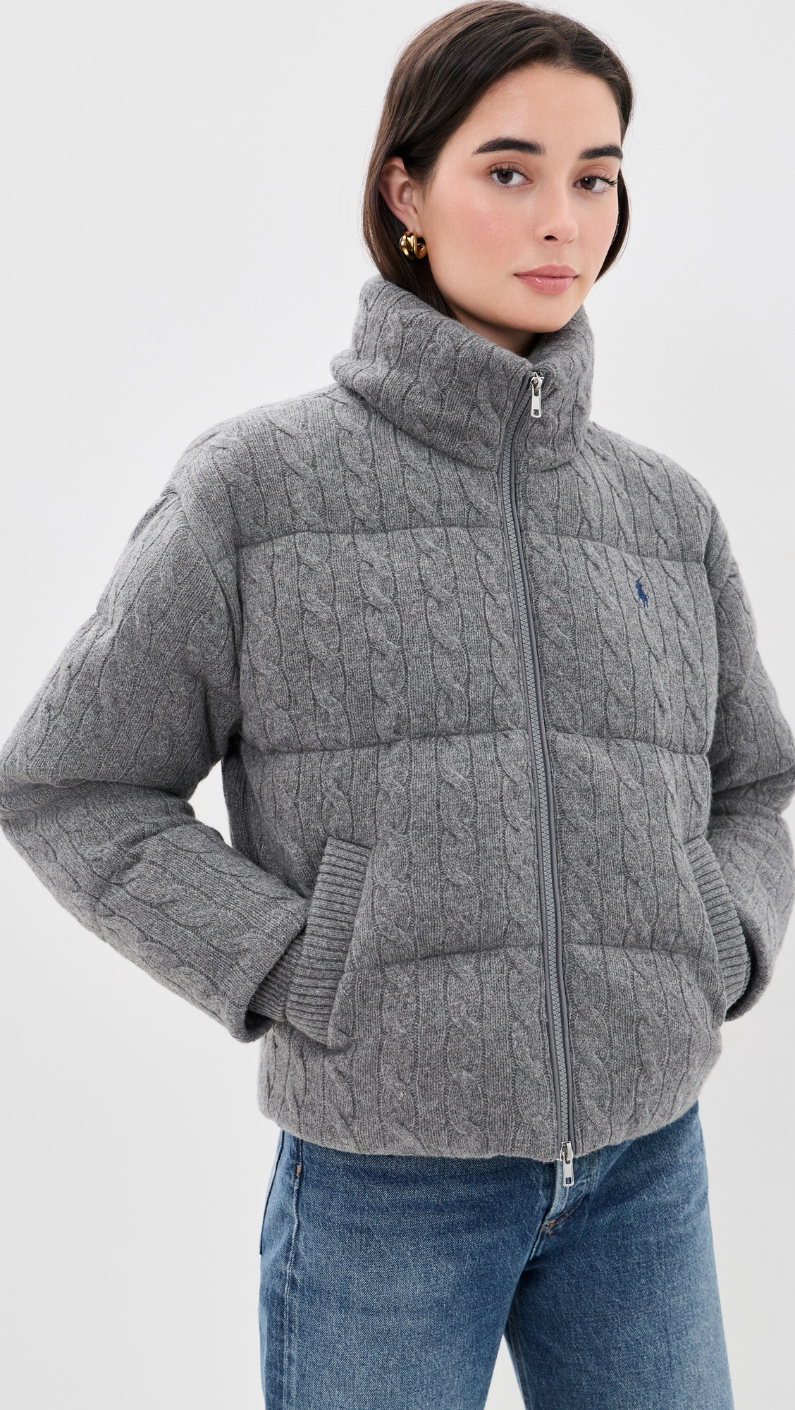 Polo Ralph Lauren Cable Knit Wool Cashmere Puffer Jacket Flannel Grey Heather XS | Shopbop