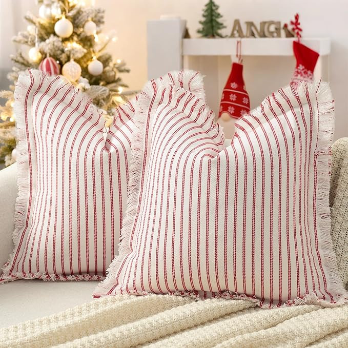 ZWJD Throw Christmas Pillow Covers 18x18 Set of 2 Striped Pillow Covers with Fringe Chic Cotton D... | Amazon (US)