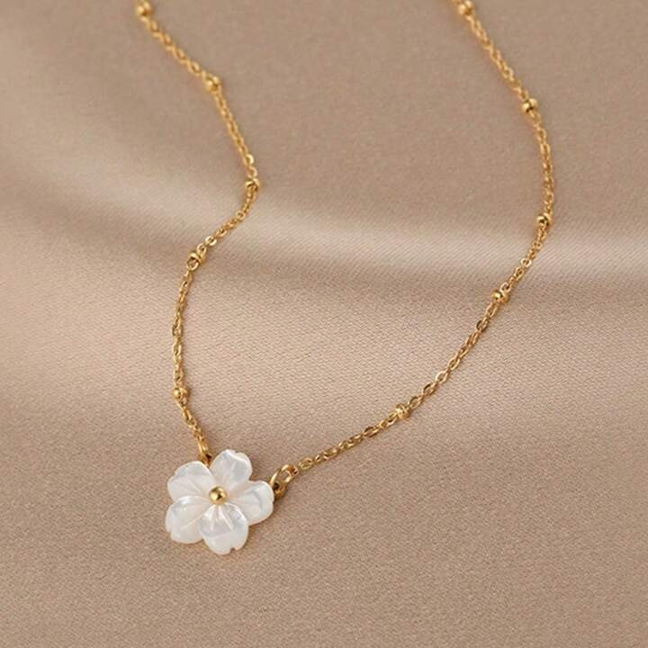 1pc Stainless Steel Delicate White Shell Floral Necklace, Sweet Elegant & Aesthetic, Suitable For Daily Wear | SHEIN