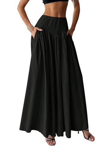 Milumia Women's Pleated Flowy Long Skirts High Waist Maxi Skirt with Pocket Black X-Small | Amazon (US)