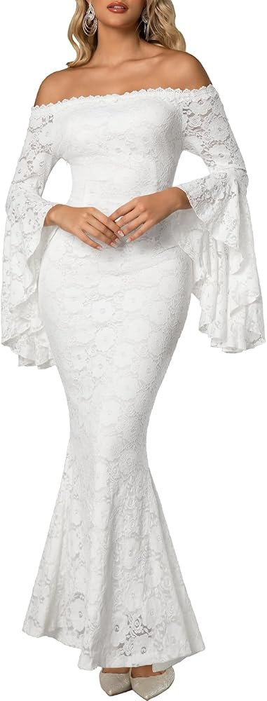 HOYISHION Women's Off The Shoulder Floral Lace Maxi Dress White Bridesmaid Wedding Party Maternit... | Amazon (US)
