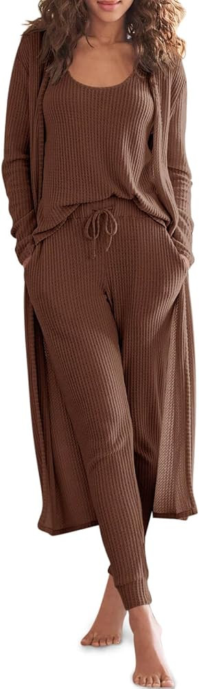 Eurivicy Womens Lounge Set Waffle Knit 3 Piece Pajama Sets Tank Tops Loose Pants with Long Cardig... | Amazon (US)