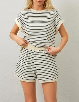 Features:Two piece shorts sets for women,lounge sets,matching pajamas set,striped knit short slee... | Amazon (US)