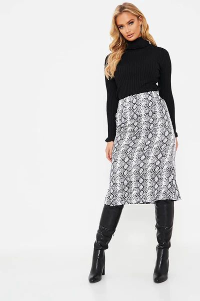 Grey Snake Print Satin Midi Flippy Skirt | ISAWITFIRST UK