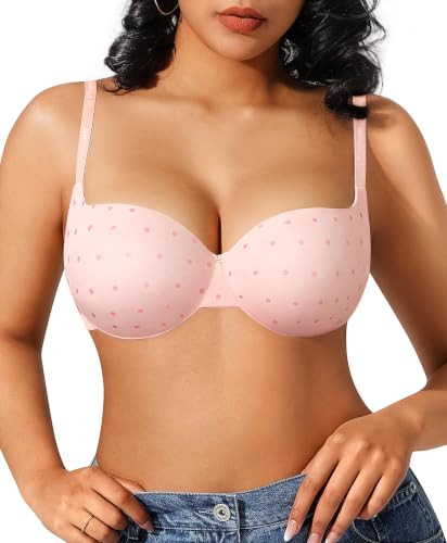 Popilush Push Up Bra Balconette Seamless Underwire Demi T-Shirt Square Neck Bra Lingerie Color Pink with Polka Dots 34D | Amazon (US)